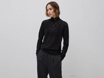 Benetton Black Women High-Neck Lace Blouse SKU: 5VCCDQ0FJ_100 Image 01