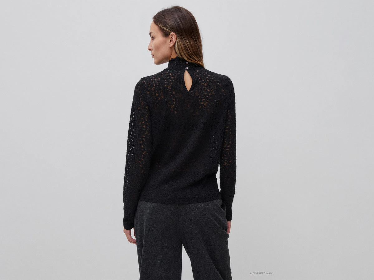 Benetton Black Women High-Neck Lace Blouse SKU: 5VCCDQ0FJ_100 Image 03