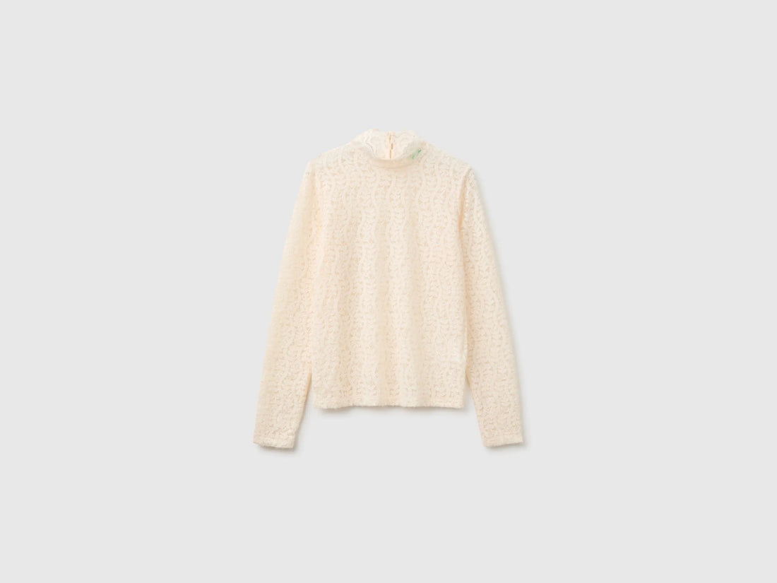 Benetton Creamy White Women High-Neck Lace Blouse SKU: 5VCCDQ0FJ_27H Image 01