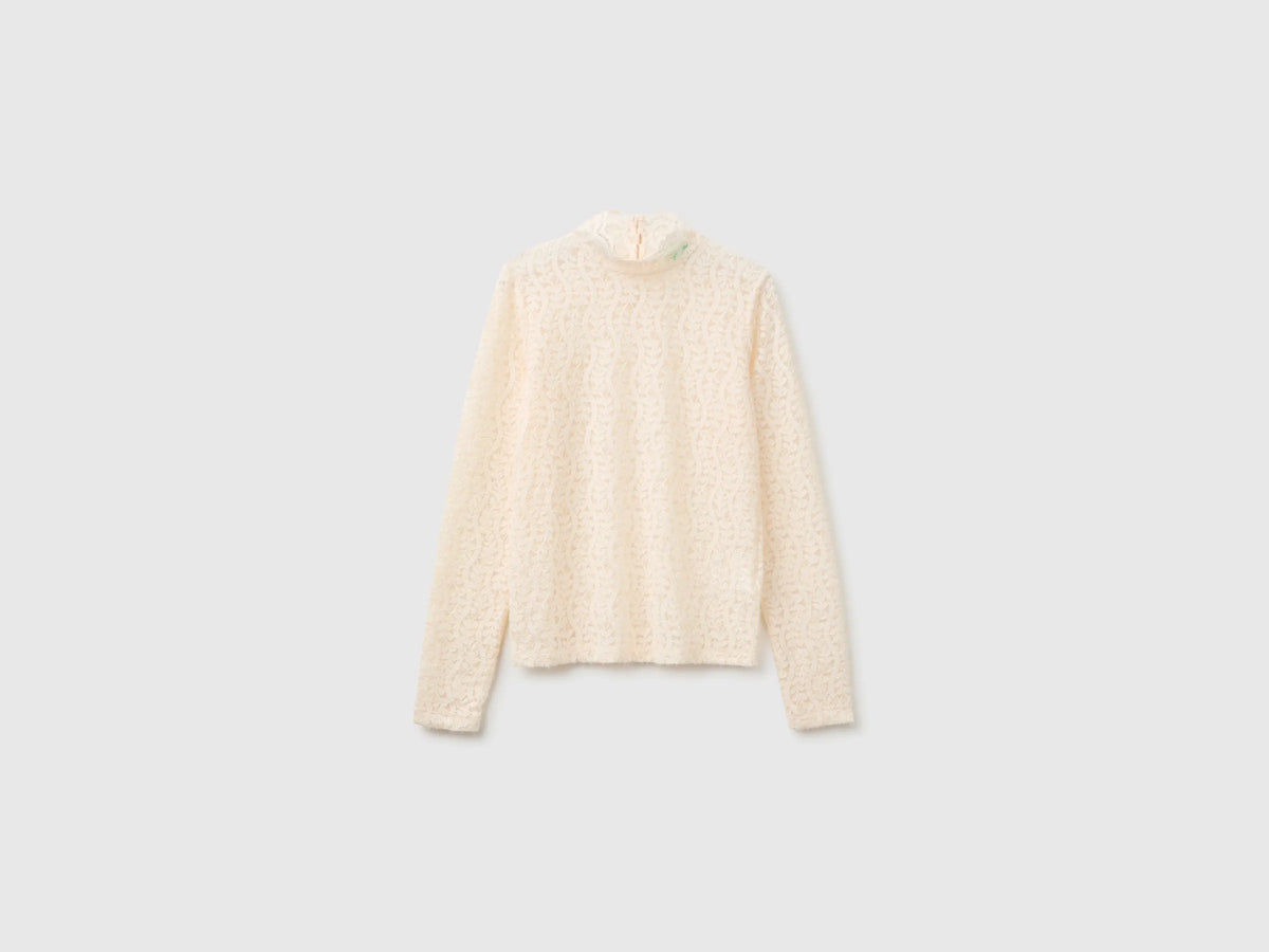 Benetton Creamy White Women High-Neck Lace Blouse SKU: 5VCCDQ0FJ_27H Image 01