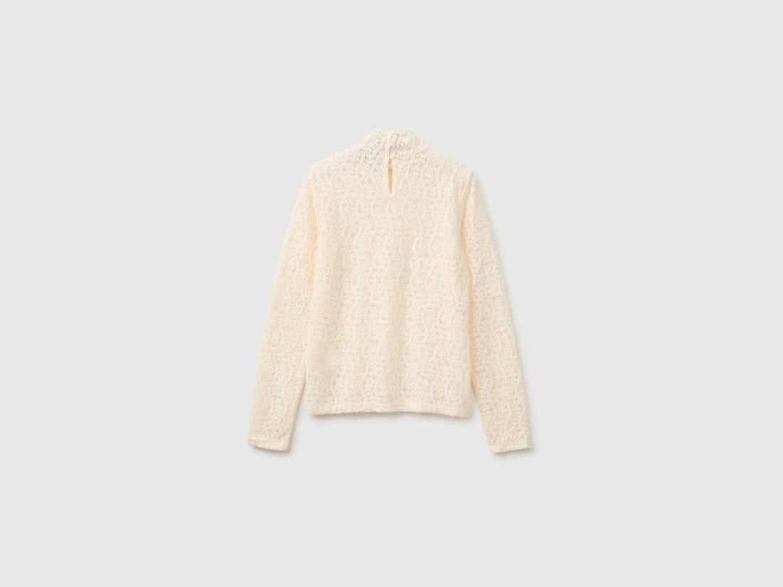 Benetton Creamy White Women High-Neck Lace Blouse SKU: 5VCCDQ0FJ_27H Image 02