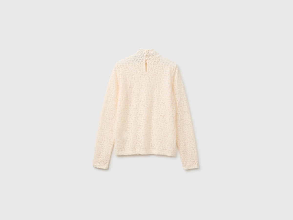 Benetton Creamy White Women High-Neck Lace Blouse SKU: 5VCCDQ0FJ_27H Image 02