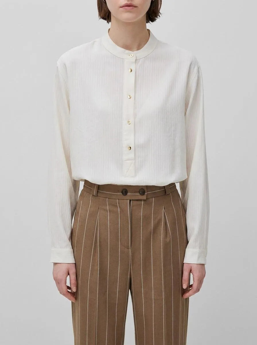 Benetton Creamy White Women Striped Blouse with Mandarin Collar SKU: 5X0VDQ0DD_6R2 Image 00