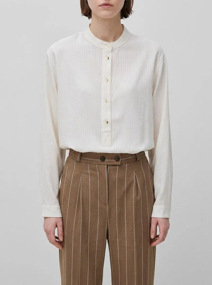 Benetton Creamy White Women Striped Blouse with Mandarin Collar SKU: 5X0VDQ0DD_6R2 Image 00