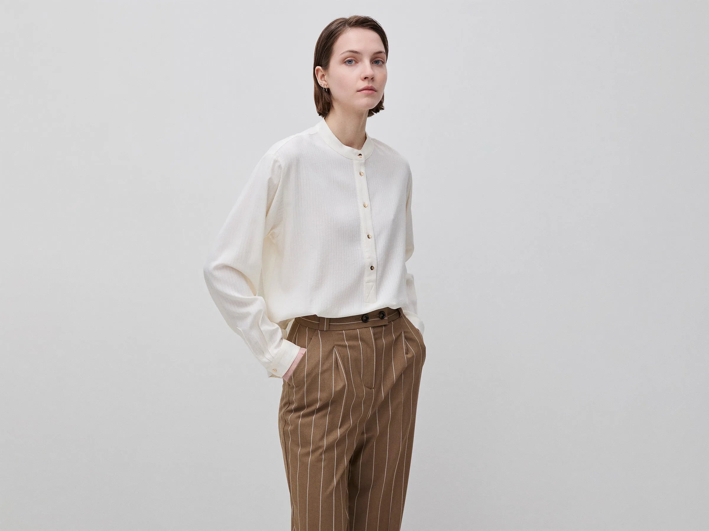 Benetton Creamy White Women Striped Blouse with Mandarin Collar SKU: 5X0VDQ0DD_6R2 Image 01