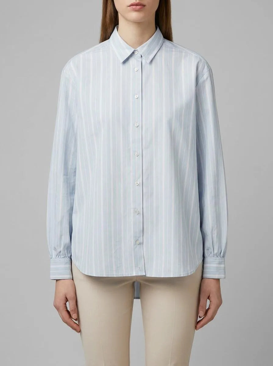 Benetton Light Blue Women Striped Shirt with Side Band SKU: 5X20DQ0DJ_903 Image 00