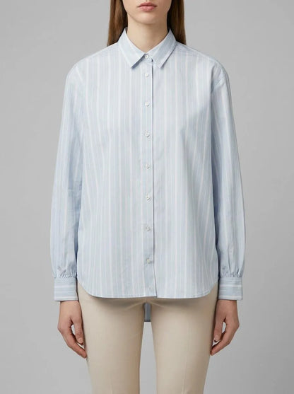 Benetton Light Blue Women Striped Shirt with Side Band SKU: 5X20DQ0DJ_903 Image 00