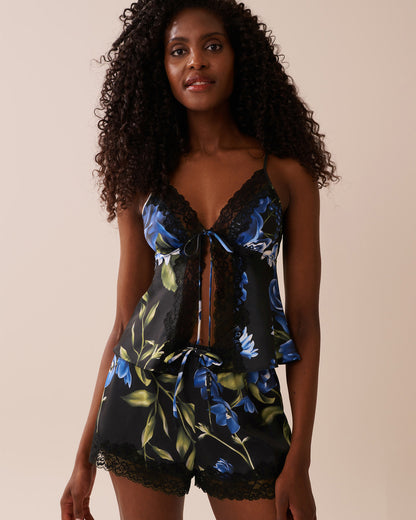 La Vie en Rose_Black &amp; Blue Garden_LUXURY EDITION Rose Print Satin and Lace Trim Open Front Cami_60100142_P00430_02