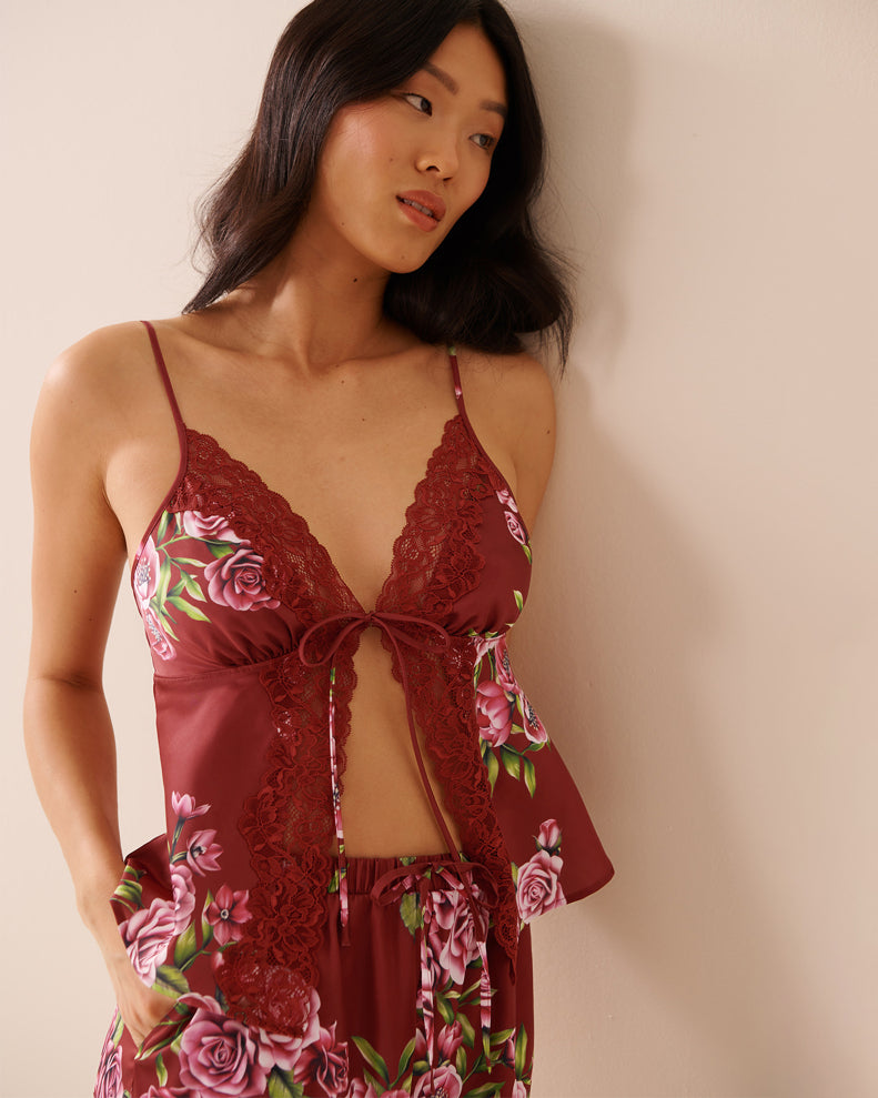 La Vie en Rose_Sun-Dried Flowers_LUXURY EDITION Rose Print Satin and Lace Trim Open Front Cami_60100142_P60390_03