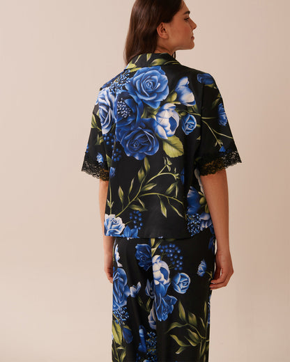 La Vie en Rose_Black &amp; Blue Garden_LUXURY EDITION Rose Print Satin and Lace Trim Button-Down Shirt_60100143_P00430_02