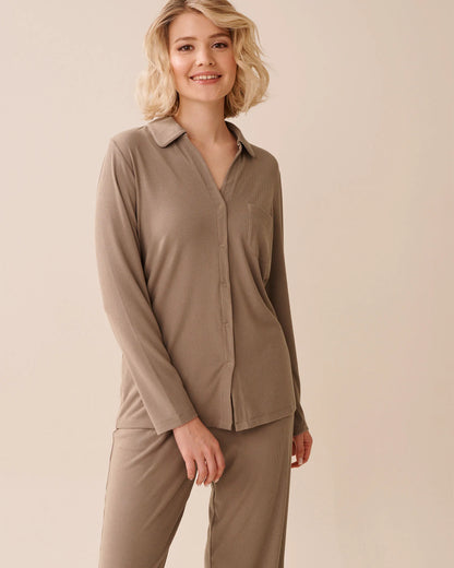 La Vie en Rose_Cinder_Ribbed Modal Button-Down Shirt_60100152_00011_01