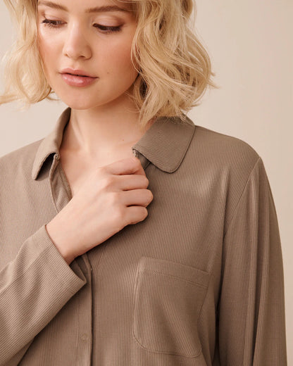 La Vie en Rose_Cinder_Ribbed Modal Button-Down Shirt_60100152_00011_03