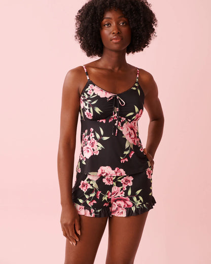 La Vie en Rose_Black &amp; Pink Flowers_Peony Print Recycled Fibers Cami_60100174_P00489_01