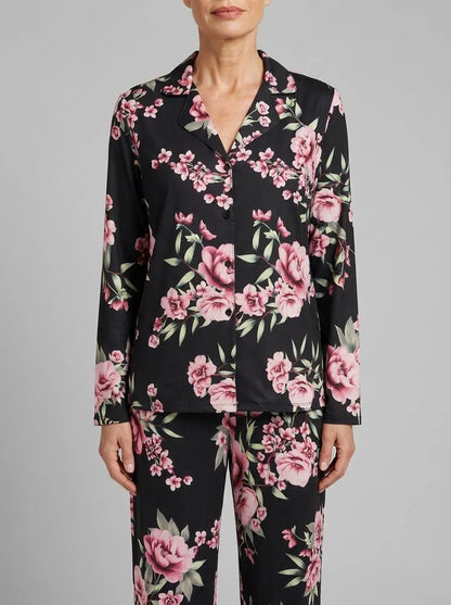 La Vie en Rose_Black &amp; Pink Flowers_Peony Print Recycled Fibers Button-down Shirt_60100175_P00489_00