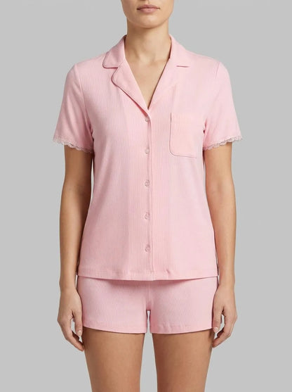 La Vie en Rose_Tickled Pink_Ribbed Modal and Lace Trim Button-down Shirt_60100177_60229_00
