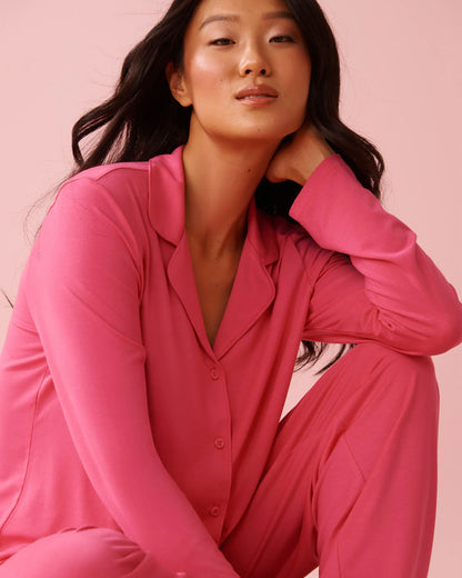 La Vie en Rose_Fuchsia Rose_Modal Long Sleeve Button-down Shirt_60100179_60228_03
