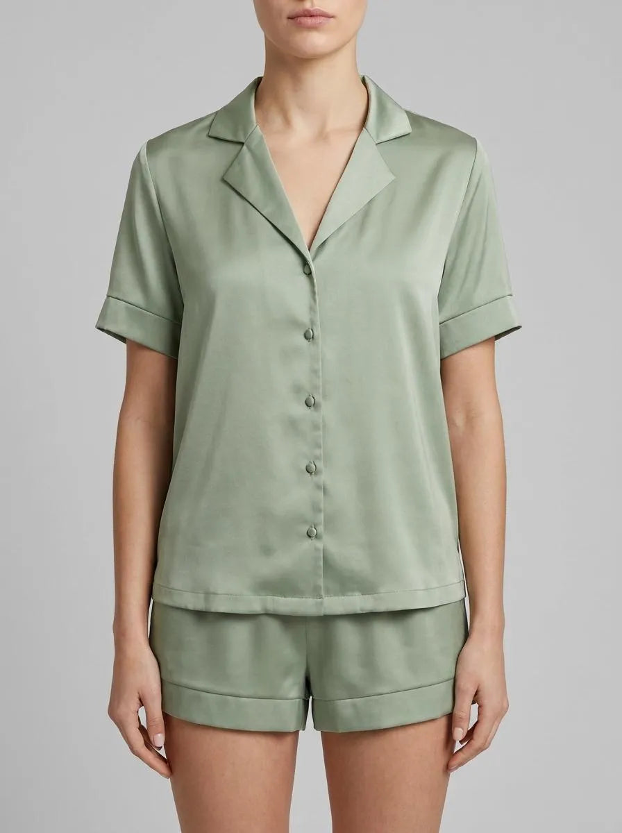 La Vie en Rose_Mineral Gray_Satin Short Sleeve Button-down Shirt_60100181_30059_00