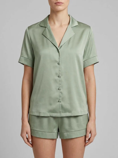 La Vie en Rose_Mineral Gray_Satin Short Sleeve Button-down Shirt_60100181_30059_00