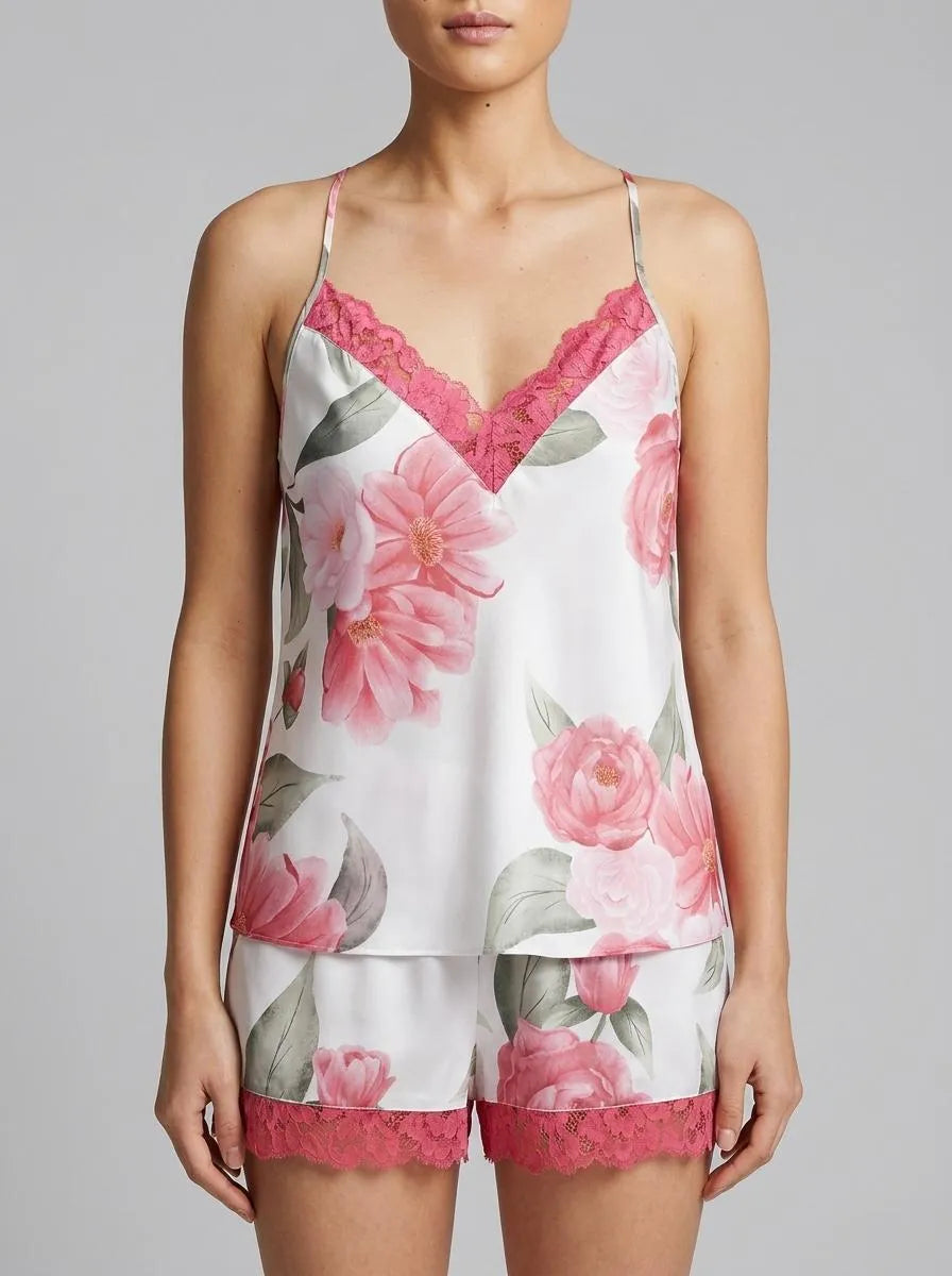 La Vie en Rose Snow White Flowers Women LUXURY EDITION Camellia Print Lace Trim Satin Cami SKU: 60100183_P10585 Image 00