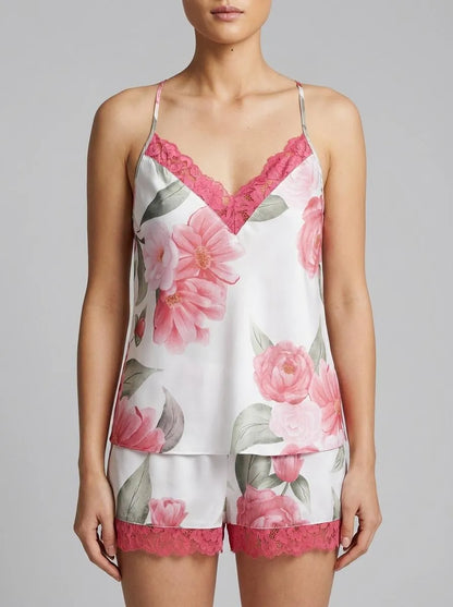 La Vie en Rose Snow White Flowers Women LUXURY EDITION Camellia Print Lace Trim Satin Cami SKU: 60100183_P10585 Image 00