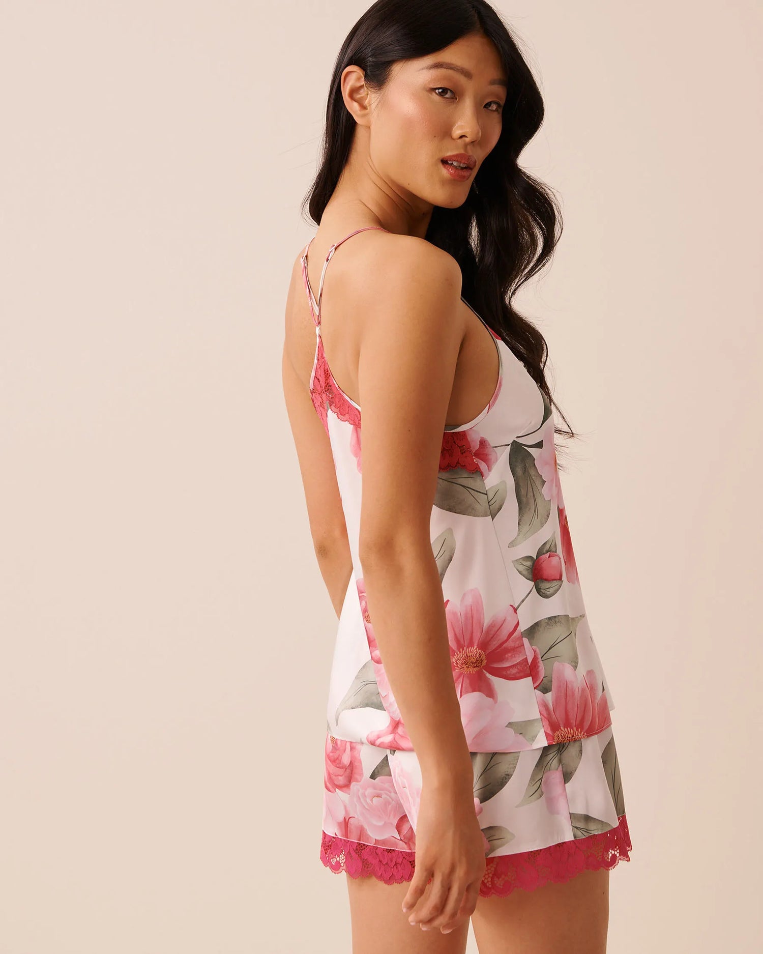 La Vie en Rose Snow White Flowers Women LUXURY EDITION Camellia Print Lace Trim Satin Cami SKU: 60100183_P10585 Image 02