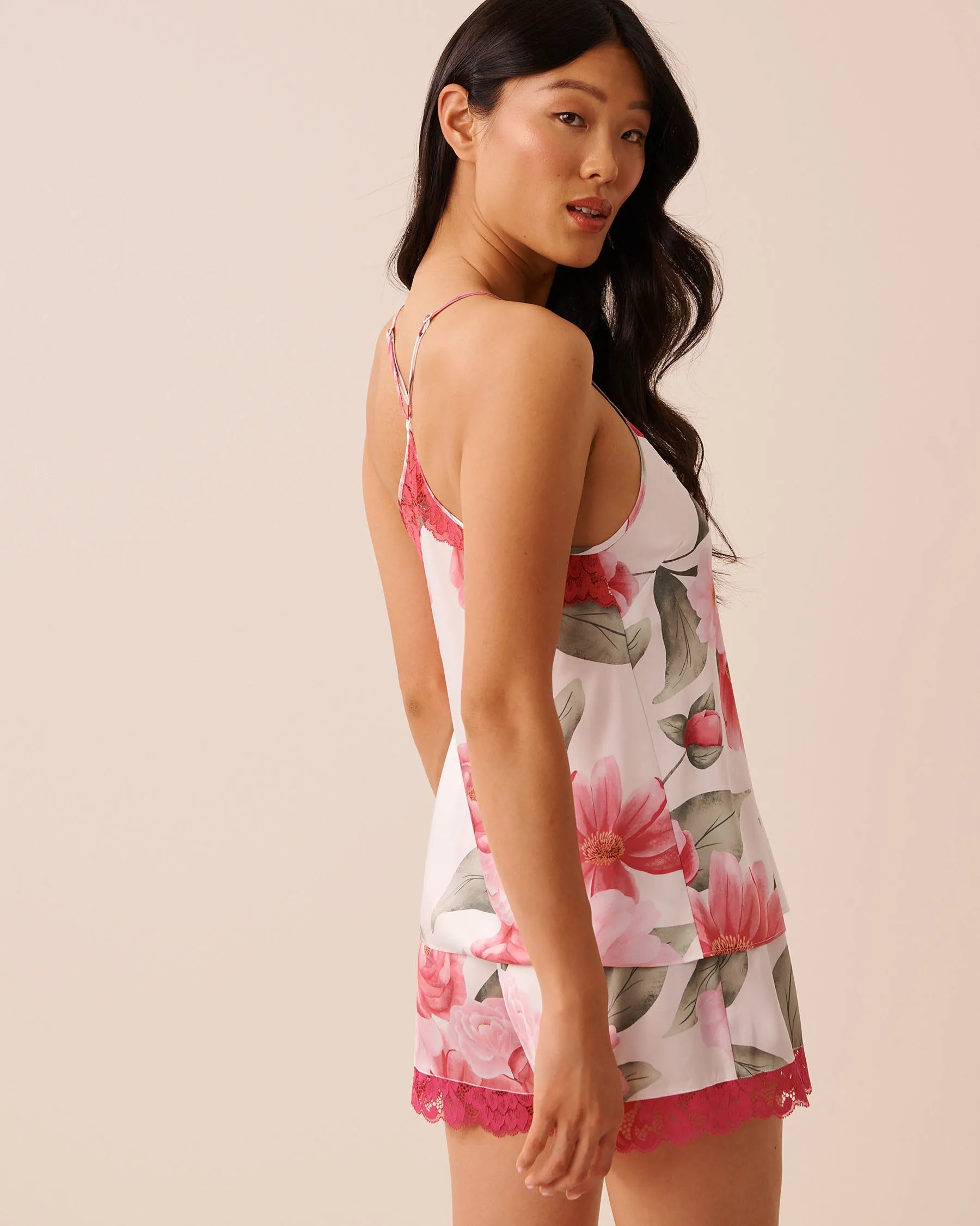 La Vie en Rose Snow White Flowers Women LUXURY EDITION Camellia Print Lace Trim Satin Cami SKU: 60100183_P10585 Image 02