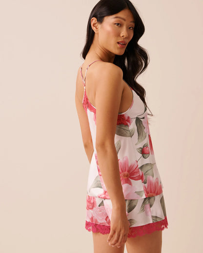 La Vie en Rose Snow White Flowers Women LUXURY EDITION Camellia Print Lace Trim Satin Cami SKU: 60100183_P10585 Image 02