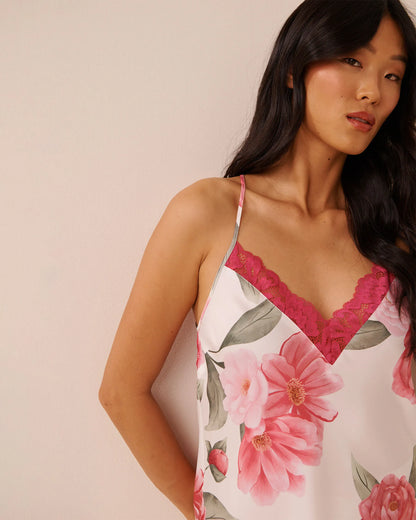 La Vie en Rose Snow White Flowers Women LUXURY EDITION Camellia Print Lace Trim Satin Cami SKU: 60100183_P10585 Image 03
