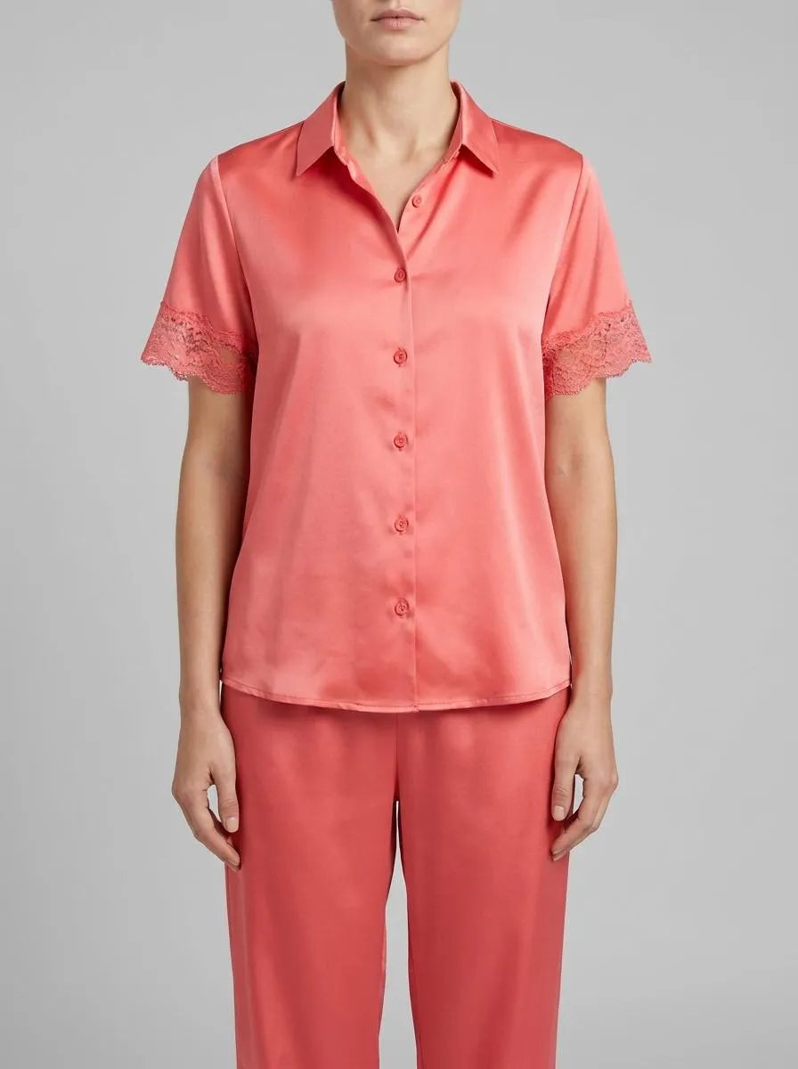 La Vie en Rose Flamingo Plume Women LUXURY EDITION Lace Trim Satin Button-down Shirt SKU: 60100184_60239 Image 00