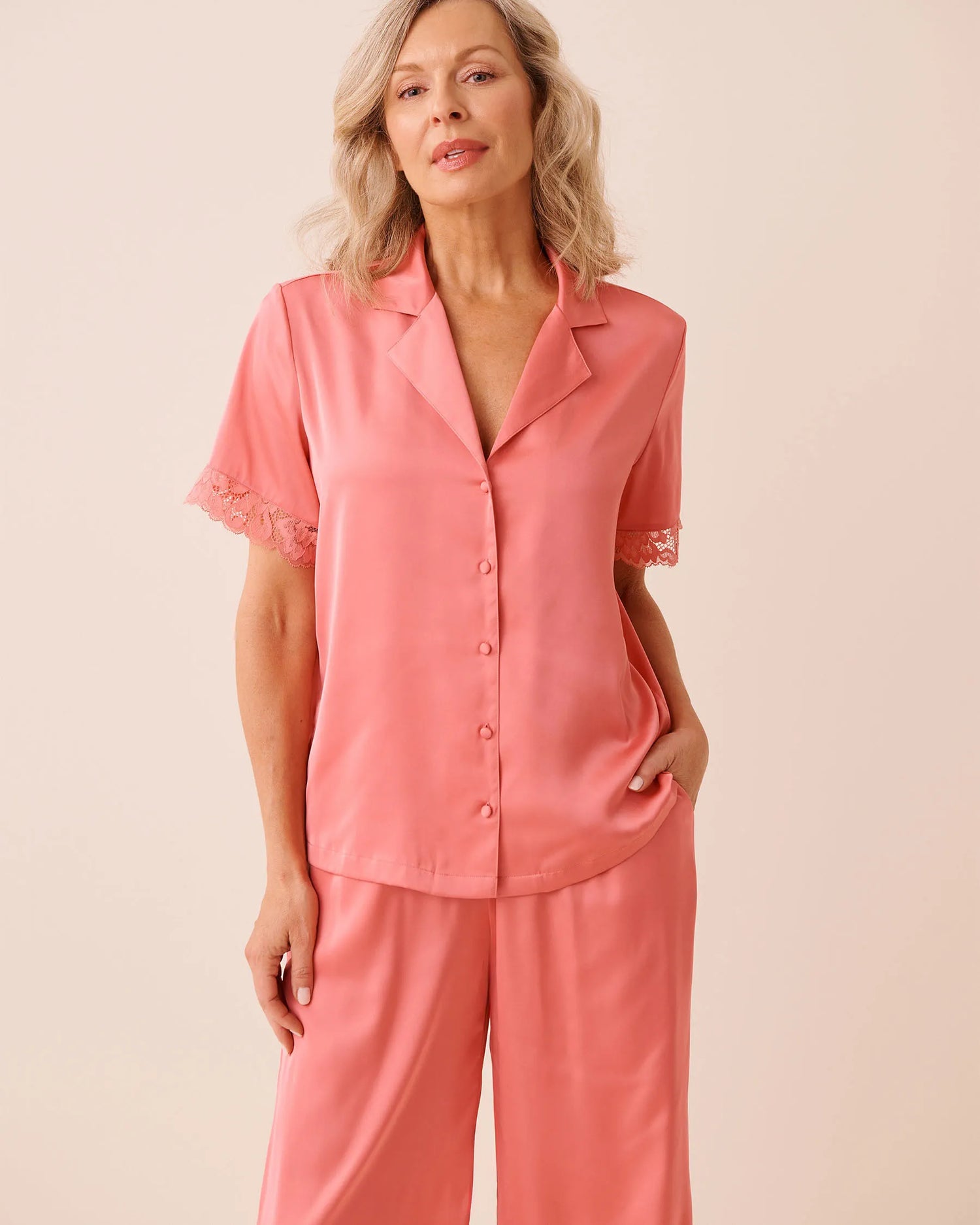 La Vie en Rose Flamingo Plume Women LUXURY EDITION Lace Trim Satin Button-down Shirt SKU: 60100184_60239 Image 01