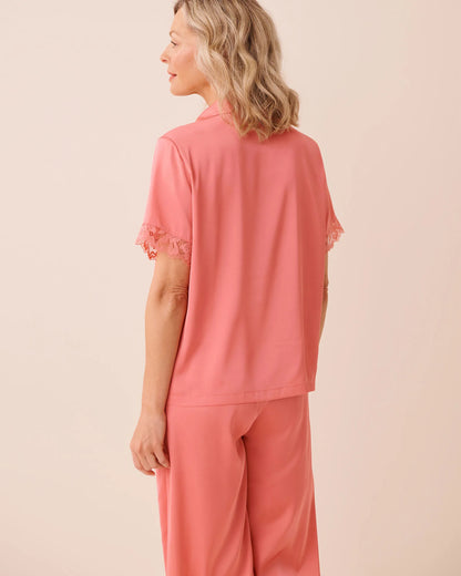 La Vie en Rose Flamingo Plume Women LUXURY EDITION Lace Trim Satin Button-down Shirt SKU: 60100184_60239 Image 02