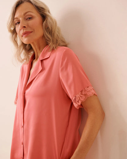 La Vie en Rose Flamingo Plume Women LUXURY EDITION Lace Trim Satin Button-down Shirt SKU: 60100184_60239 Image 03
