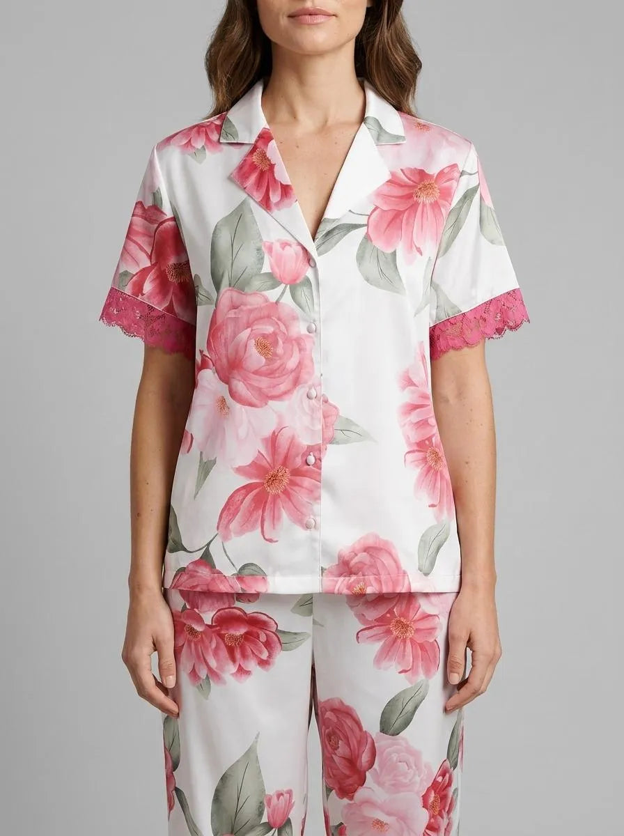 La Vie en Rose Snow White Flowers Women LUXURY EDITION Camellia Print Lace Trim Satin Button-down Shirt SKU: 60100184_P10585 Image 00