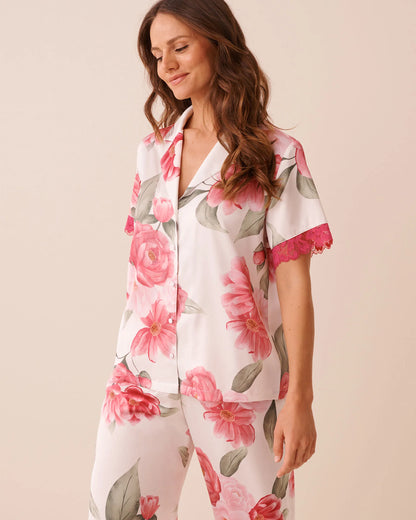 La Vie en Rose Snow White Flowers Women LUXURY EDITION Camellia Print Lace Trim Satin Button-down Shirt SKU: 60100184_P10585 Image 01