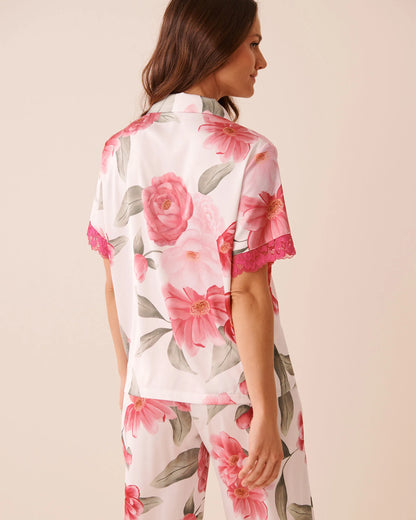 La Vie en Rose Snow White Flowers Women LUXURY EDITION Camellia Print Lace Trim Satin Button-down Shirt SKU: 60100184_P10585 Image 02