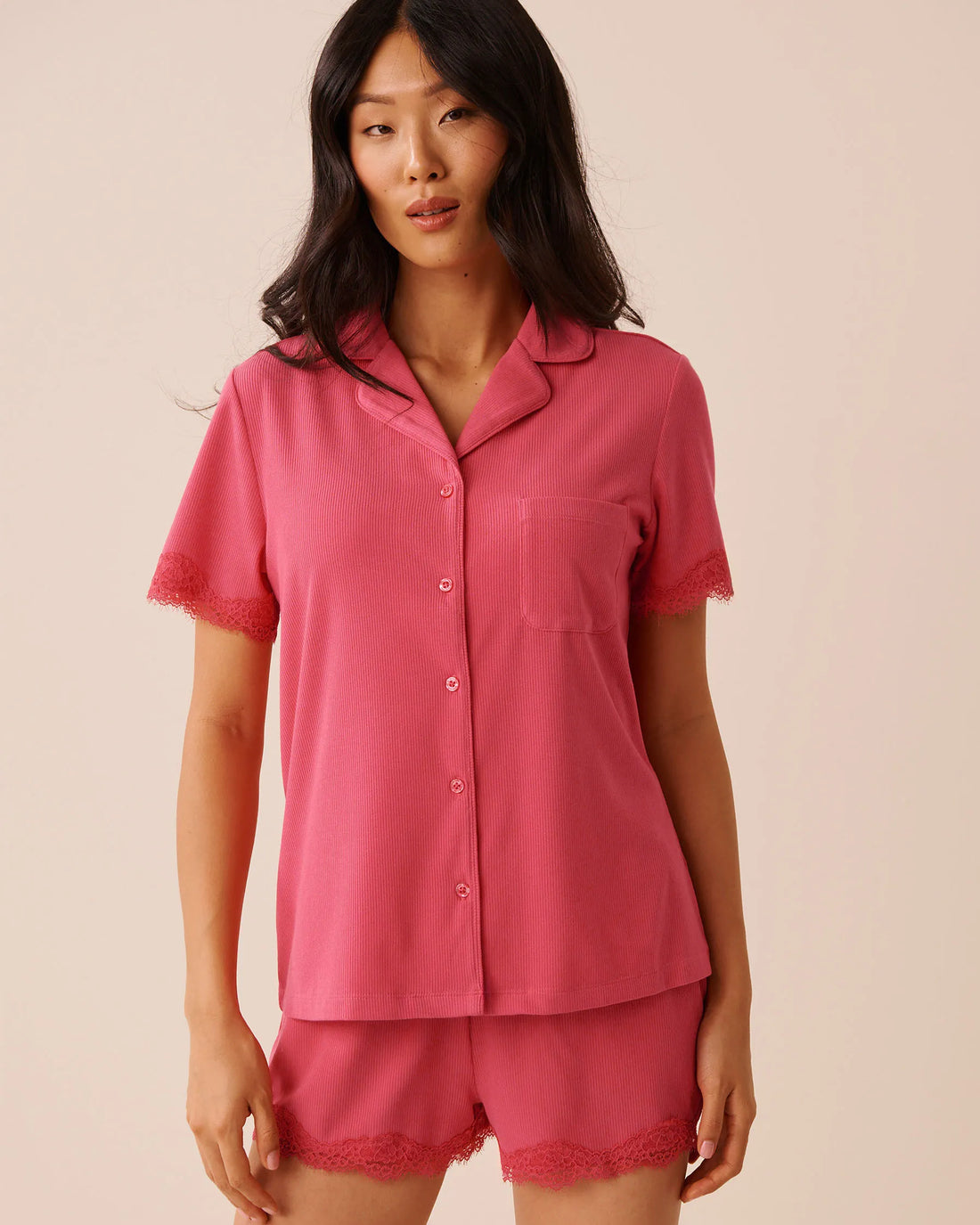 La Vie en Rose Party Punch Women Ribbed Modal and Lace Trim Button-down Shirt SKU: 60100187_60238 Image 01