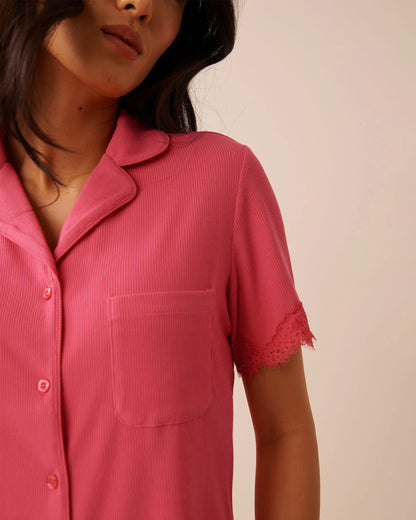 La Vie en Rose Party Punch Women Ribbed Modal and Lace Trim Button-down Shirt SKU: 60100187_60238 Image 03