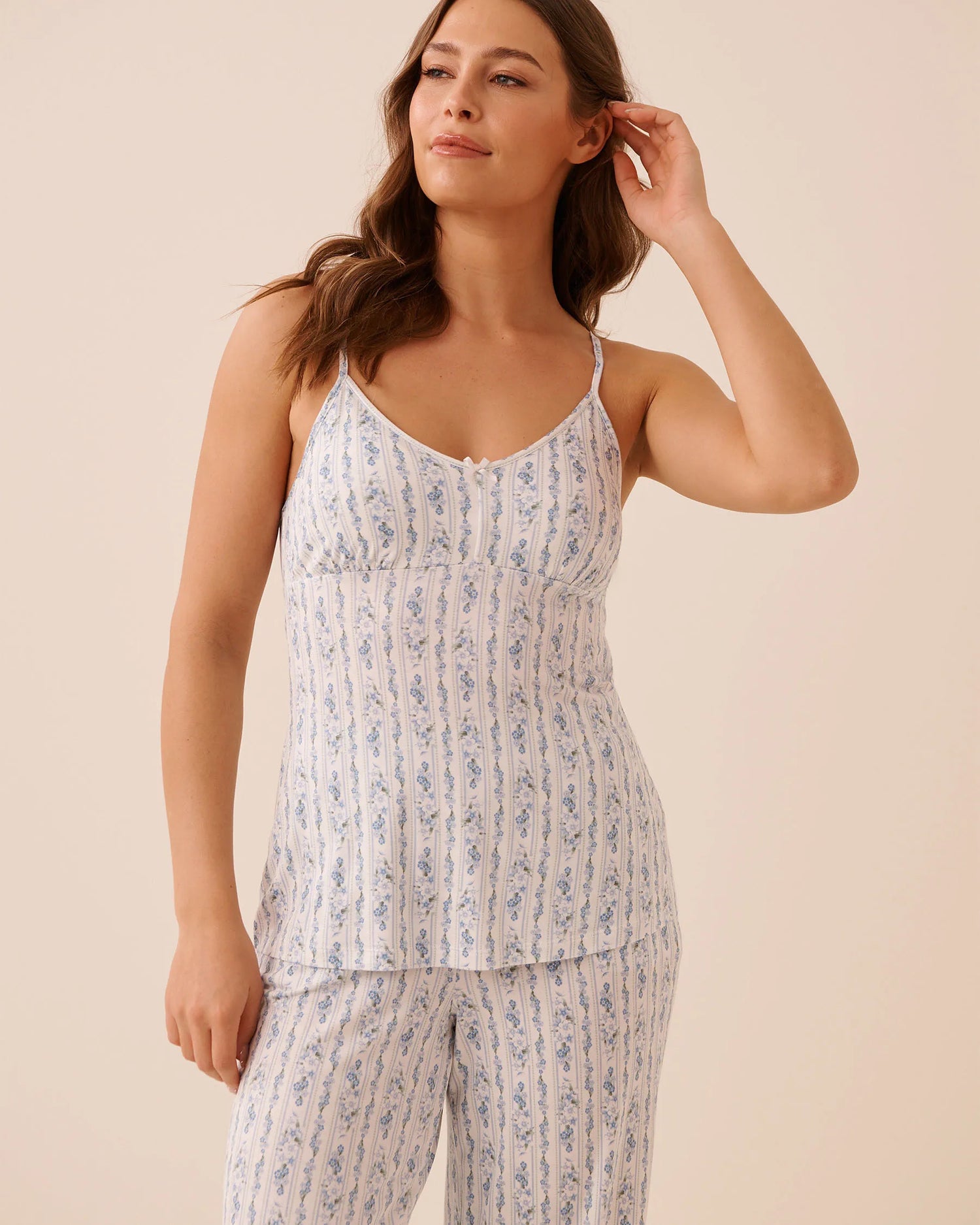 La Vie en Rose Blue Mix Stripes Women Blue Floral Print Soft Jersey Cami SKU: 60100189_P10591 Image 01
