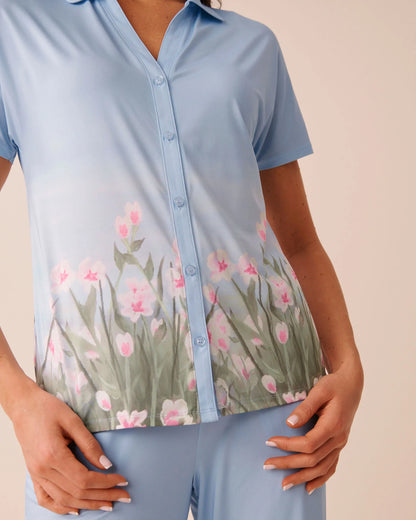 La Vie en Rose Scenery Placement Women Flower Field Print Button-Down Shirt SKU: 60100192_P40573 Image 03