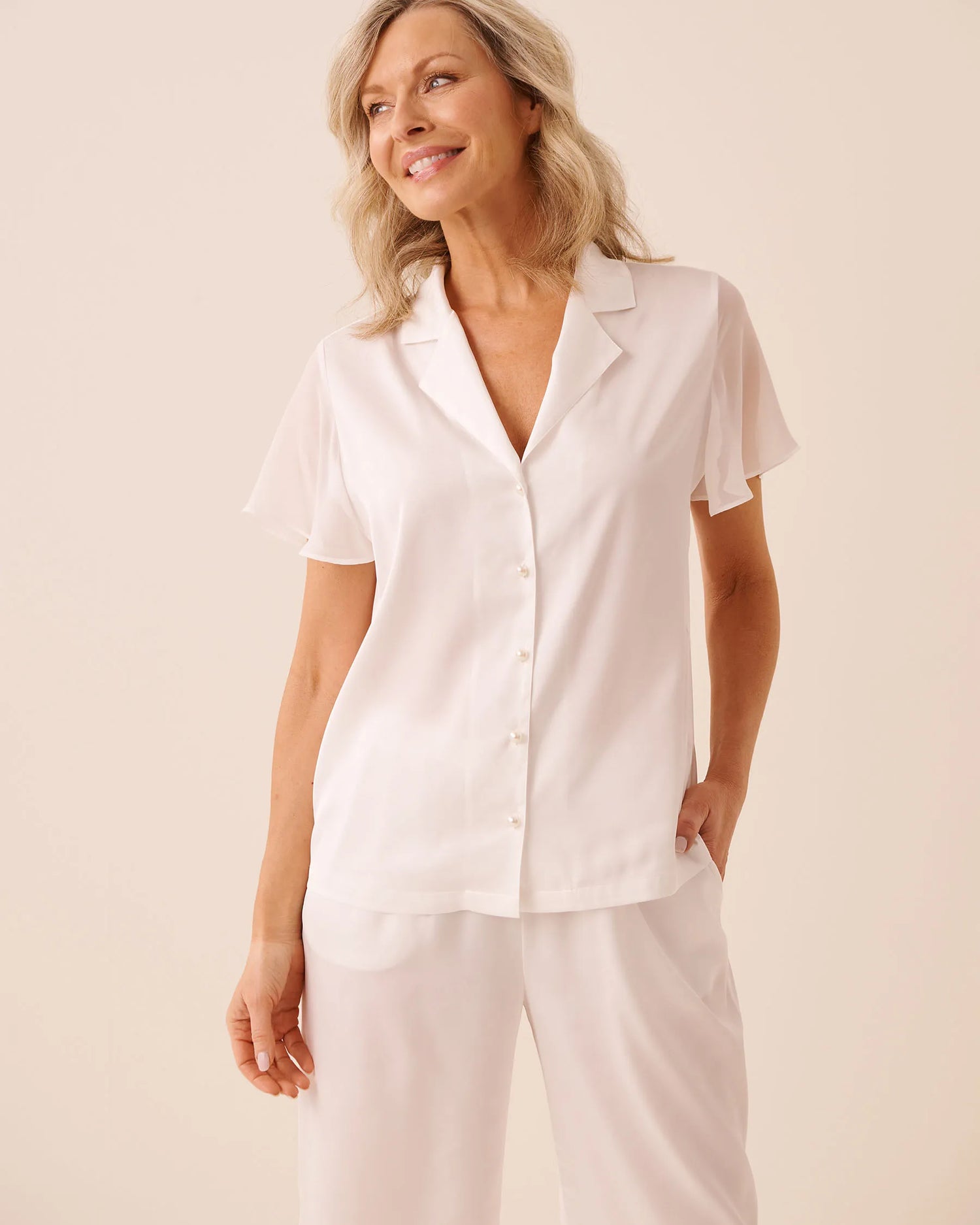 La Vie en Rose Snow White Women LUXURY EDITION Beaded Satin And Chiffon Button-Down Shirt SKU: 60100194_10011 Image 01
