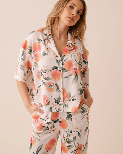 La Vie en Rose Snow White Peach Women LUXURY EDITION Peach Print Satin Button-Down Shirt SKU: 60100196_P10602 Image 01