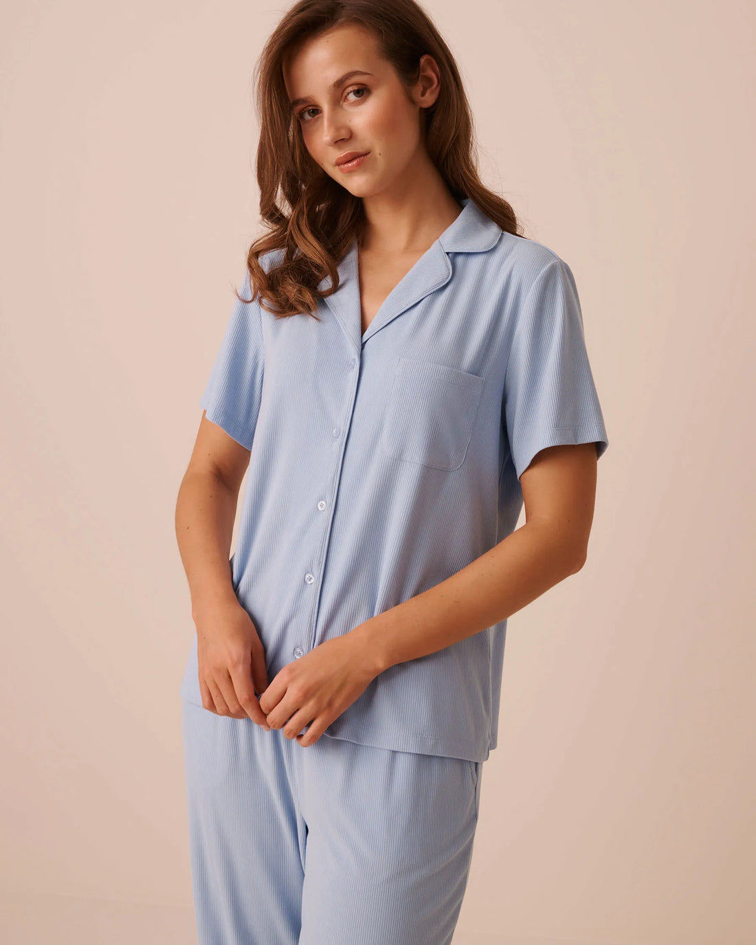 La Vie en Rose Brunnera Blue Women Ribbed Modal Button-Down Shirt SKU: 60100197_40293 Image 01