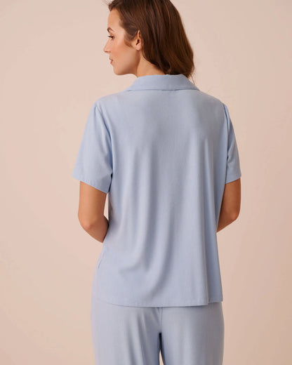 La Vie en Rose Brunnera Blue Women Ribbed Modal Button-Down Shirt SKU: 60100197_40293 Image 02