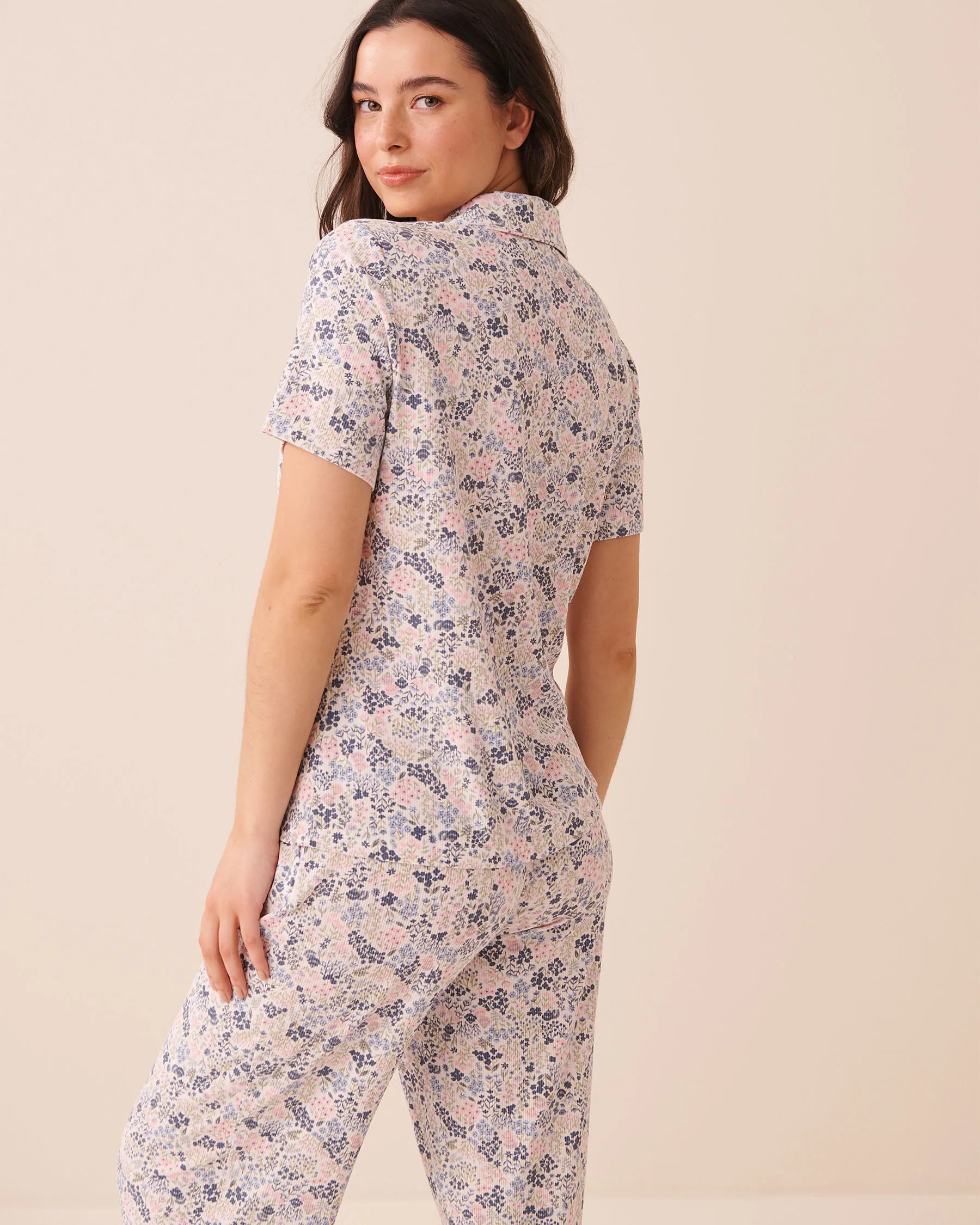 La Vie en Rose Blue Mix Ditsy Women Ribbed Modal Button-Down Shirt SKU: 60100197_P40572 Image 02