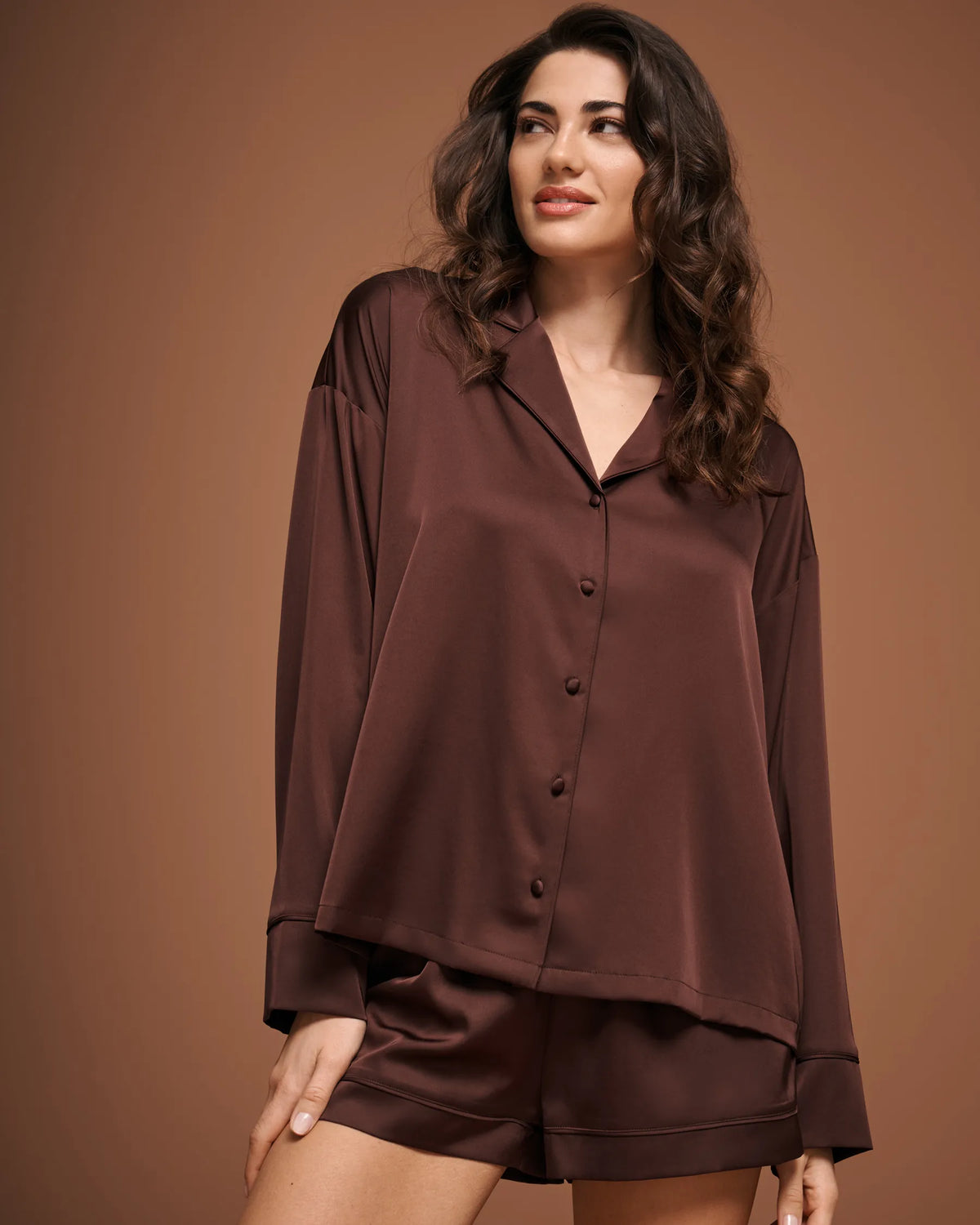 La Vie en Rose Brown Stone Women Luxury Edition Satin Long Sleeve Button-Down Shirt SKU: 60100203_20131 Image 02