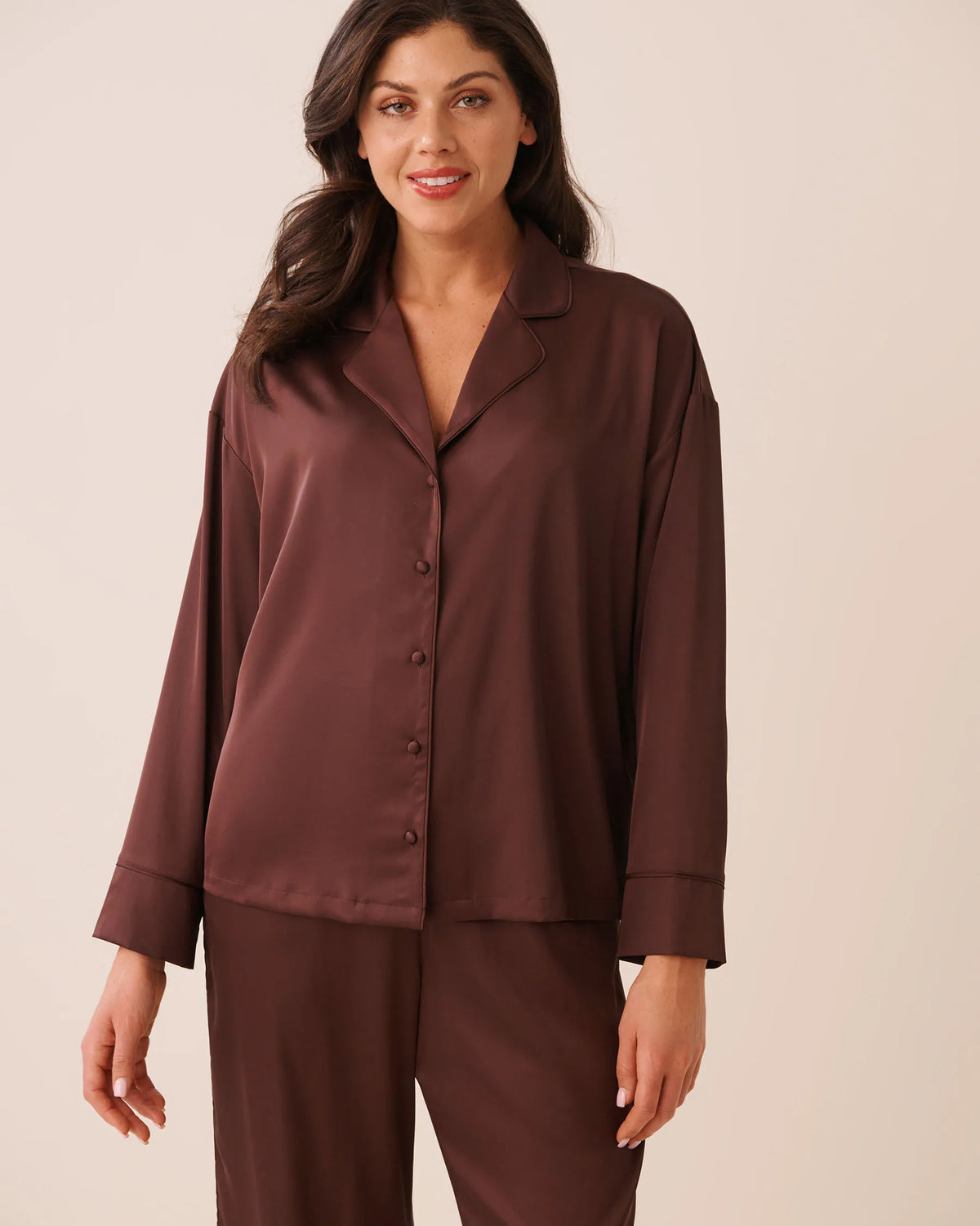 La Vie en Rose Brown Stone Women Luxury Edition Satin Long Sleeve Button-Down Shirt SKU: 60100203_20131 Image 03