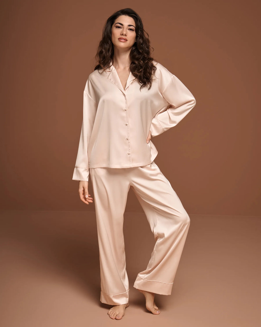 La Vie en Rose Silver Peony Women Luxury Edition Satin Long Sleeve Button-Down Shirt SKU: 60100203_60027 Image 01