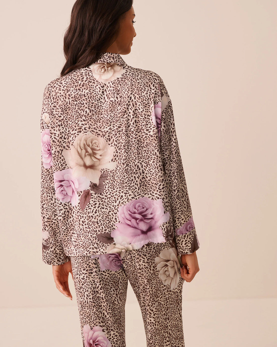 La Vie en Rose Leopard Garden Women Luxury Edition Floral Leopard Print Satin Long Sleeve Button-Down Shirt SKU: 60100203_P20099 Image 02