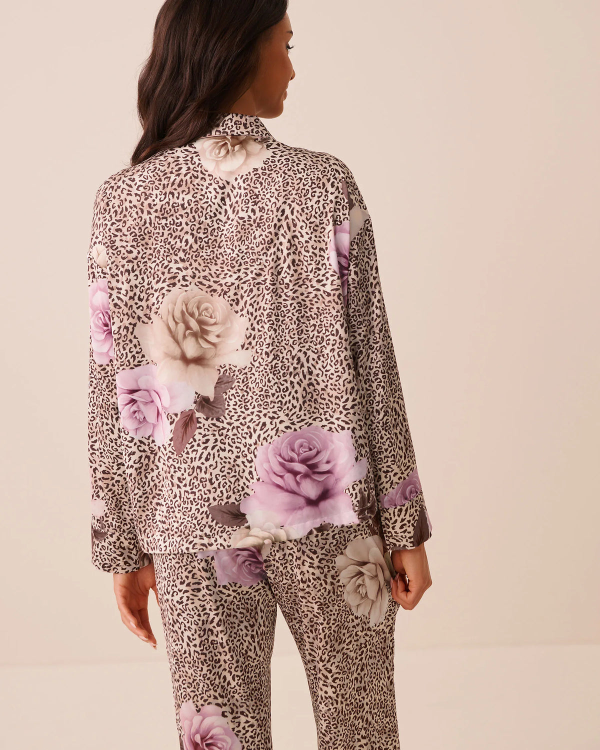 La Vie en Rose Leopard Garden Women Luxury Edition Floral Leopard Print Satin Long Sleeve Button-Down Shirt SKU: 60100203_P20099 Image 02