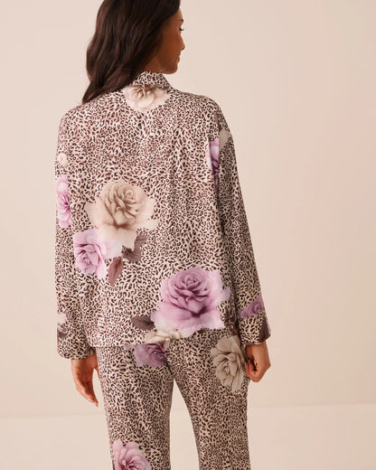 La Vie en Rose Leopard Garden Women Luxury Edition Floral Leopard Print Satin Long Sleeve Button-Down Shirt SKU: 60100203_P20099 Image 02